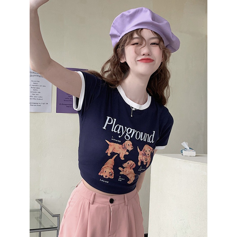 Áo Thun Ngắn Dáng Ôm In Chữ Phối Màu Tương Phản Kiểu Hàn Quốc Thời Trang Mùa Hè Cho