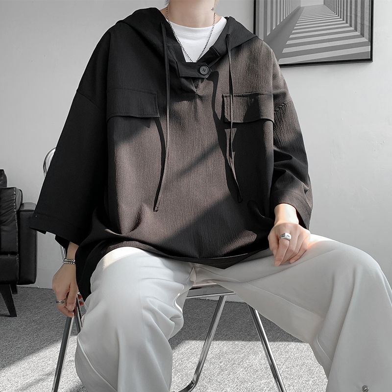 Áo Khoác Hoodie Lụa Lạnh Mỏng Ba Nửa Phong Cách Mỹ Cổ Điển Mùa Hè Đa Năng Cho Nam