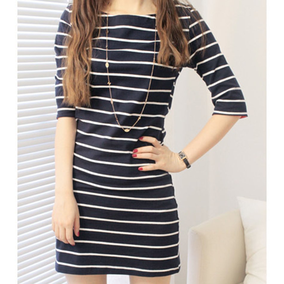 Korean Half Sleeve Striped T-shirt Round Collar Pullover Dress Patchwork