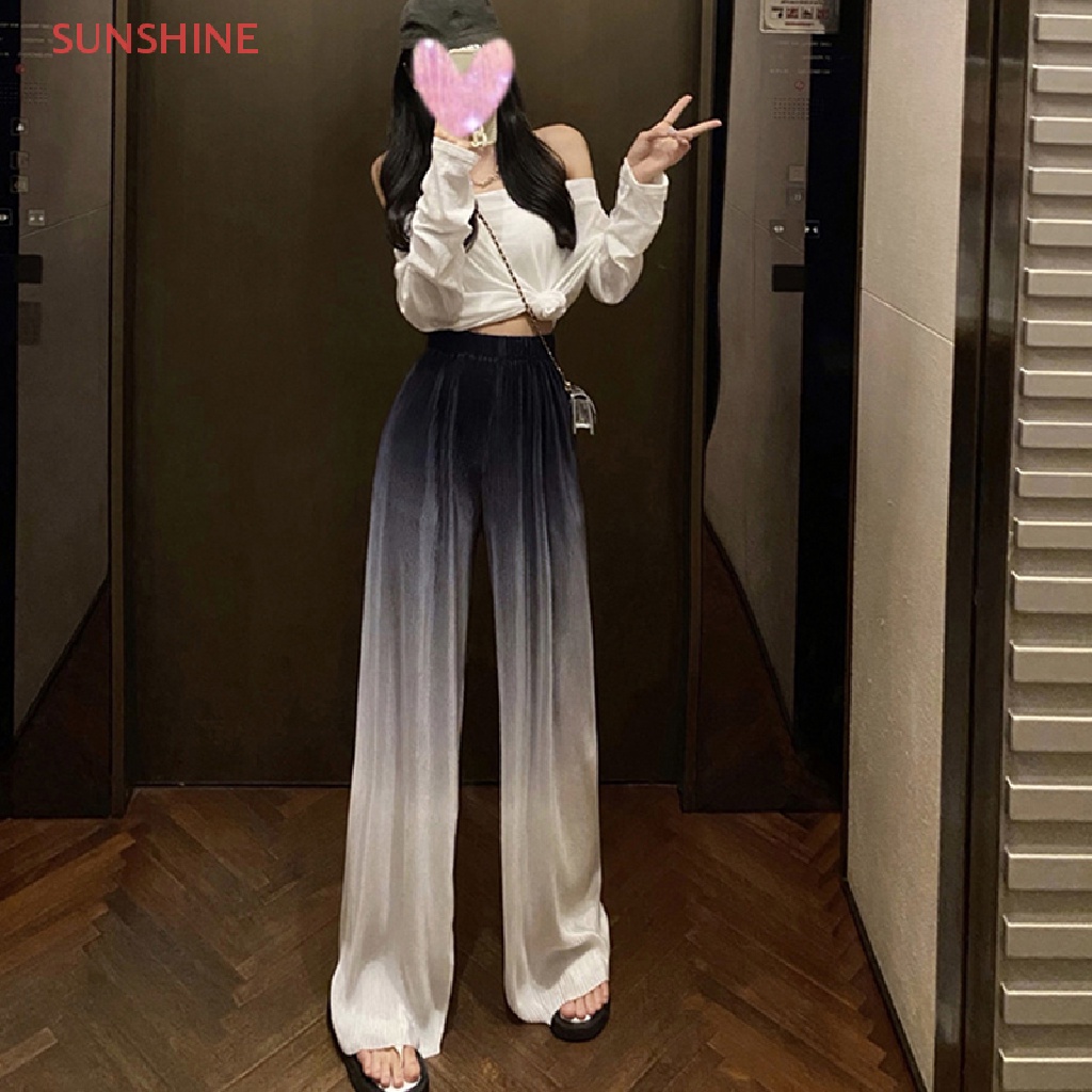 Quần ống rộng Dáng Suông Lưng Cao Xếp Ly Màu Gradient Thời Trang Mùa Hè
