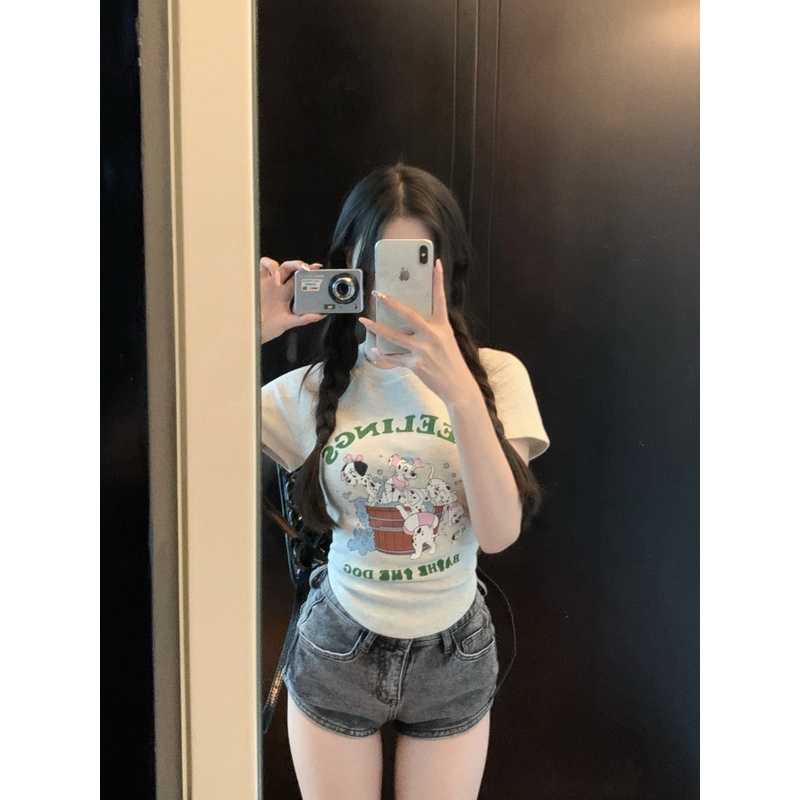Áo Thun Ngắn Tay Dáng Ôm In Họa Tiết Hoạt Hình Cún Con Đáng Yêu Thời Trang Mùa Hè Cho Nữ