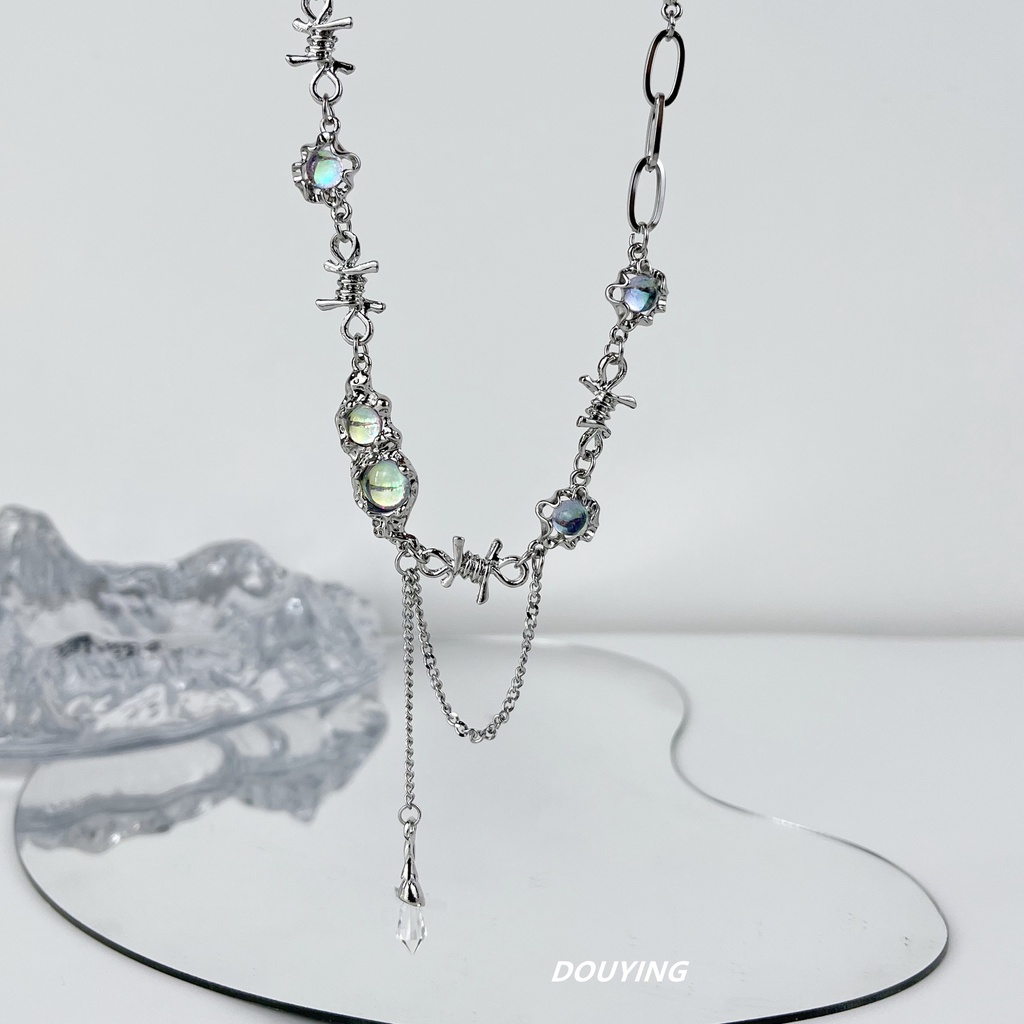 Vòng cổ choker 17KM mạ bạc tua rua đính đá mặt trăng opal nhân tạo thời trang ngọt ngào dành cho nữ