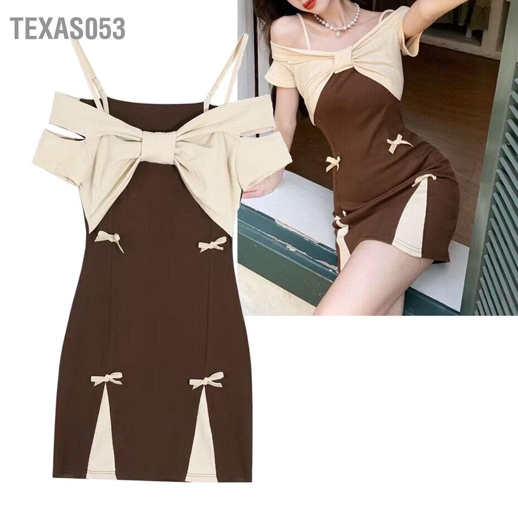 Texas053 Đầm Trễ Vai Nữ Tay Ngắn Màu Tương Phản Trang Trí Thắt Nơ Hông