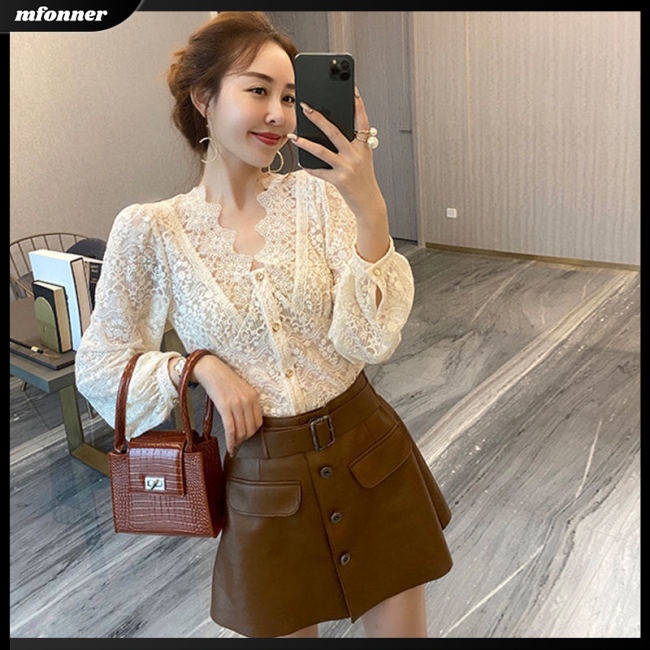 Áo Sơ Mi Chiffon Tay Dài Phồng Cổ Chữ V Màu Sắc Ngọt Ngào Dành Cho Nữ