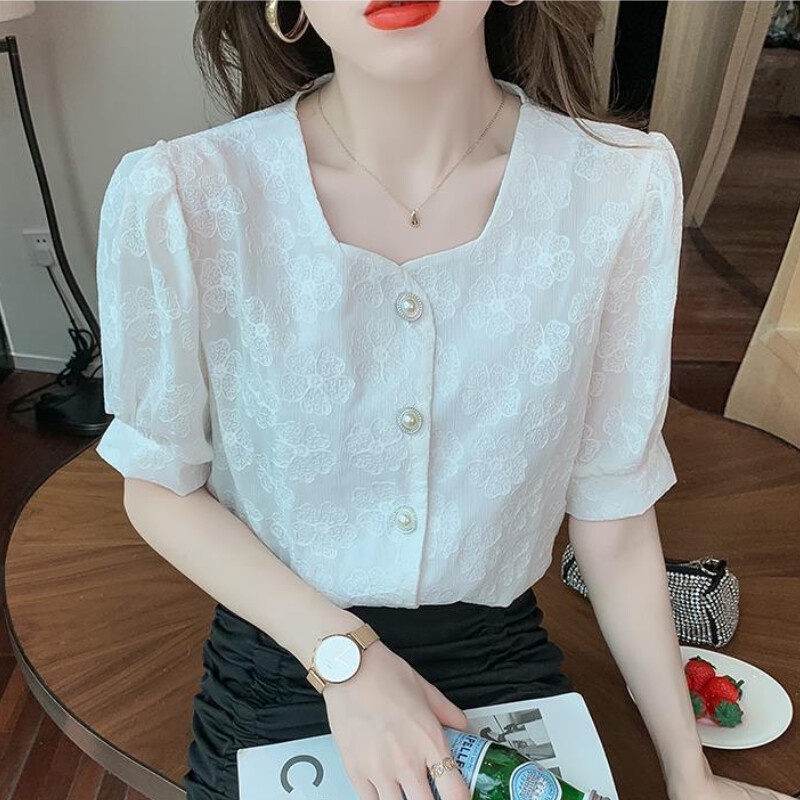 Áo Sơ Mi Chiffon Tay Ngắn In Họa Tiết Hoa Thời Trang Mùa Hè Phong Cách Hàn Quốc Dành Cho Nữ