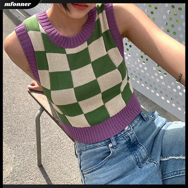 Áo Croptop Dệt Kim Không Tay Cổ Tròn In Họa Tiết Bảng Thời Trang Cho Nữ