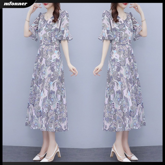 Đầm Midi Tay Ngắn Cổ Chữ V Vải Lụa Lạnh In Hoa Eo Thun Thời Trang Mùa Hè Cho Bạn Gái