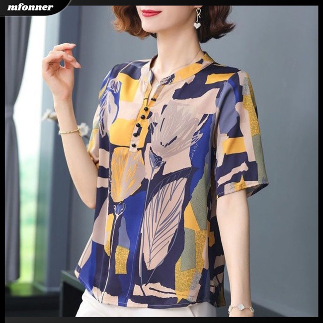 Áo Sơ Mi Tay Ngắn Cổ Đứng Dáng Rộng In Họa Tiết Kiểu Retro Thời Trang Mùa Hè Cho Bạn Gái