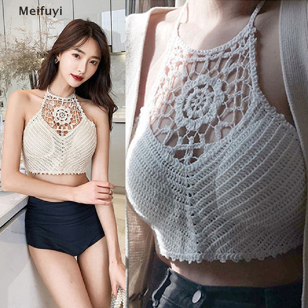 [Meifuyi] Áo Crop Top Dây Đan Móc Dáng Ngắn Màu Trơn Gợi Cảm Cho Nữ