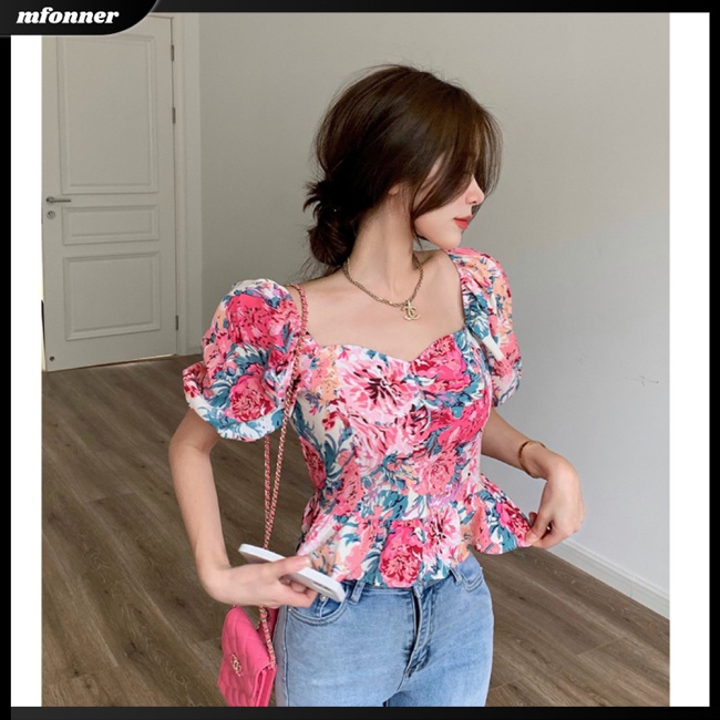 Áo Thun Tay Phồng Cổ Vuông Hở Lưng Họa Tiết Tranh Sơn Dầu Gợi Cảm Cho Nữ