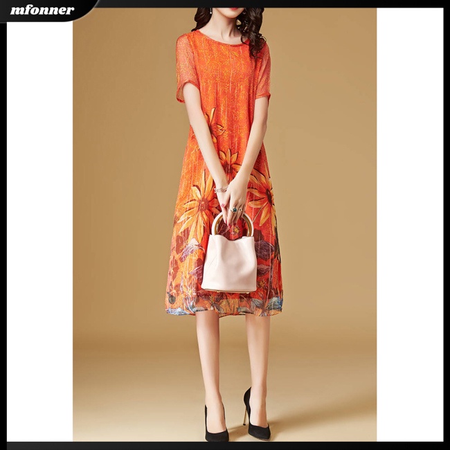 Đầm Tay Ngắn Cổ Tròn Dài Đến Đầu Gối Vải Lụa Sữa In Hoa Thời Trang Dự Tiệc Cho Bạn Gái