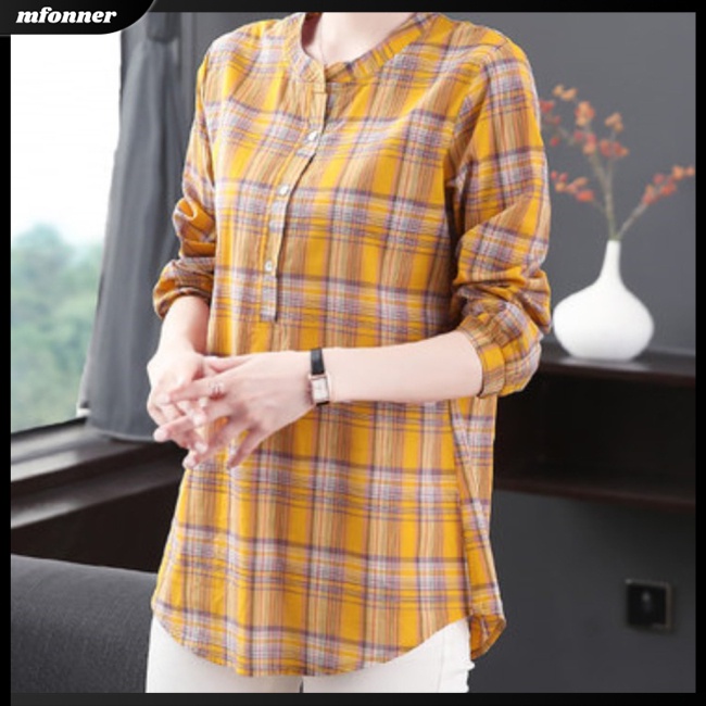 Áo Sơ Mi Cotton Lanh Tay Dài Cổ Tròn Kẻ Sọc Nhiều Màu Thoáng Khí Phong Cách Retro Cho Nữ