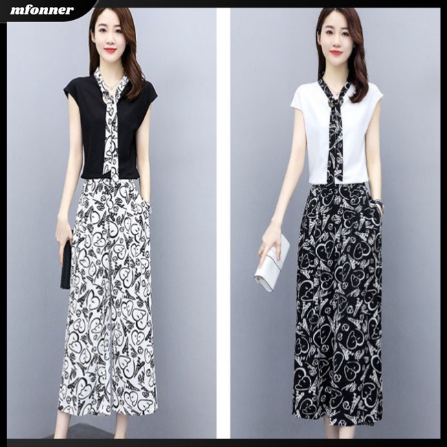 Bộ Áo Cổ Chữ V + Quần Dài In Họa Tiết Thời Trang Mùa Hè Cho Nữ