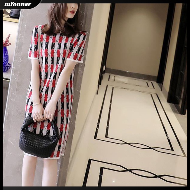 Đầm Cổ Tròn Tay Ngắn Dáng Suông In Họa Tiết Kẻ Sọc Plus Size Cho Nữ