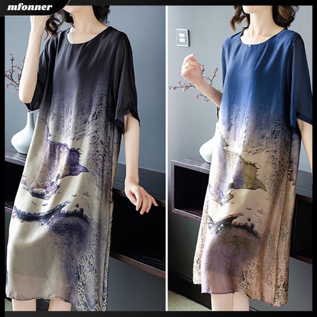 Đầm Lụa Lạnh Mỏng Dáng Rộng Tay Ngắn In Họa Tiết Xinh Xắn Cho Nữ