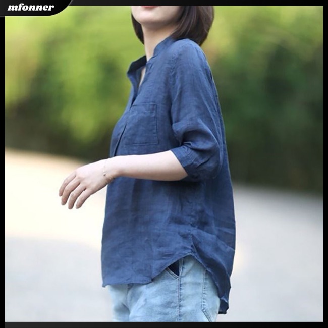 Áo Sơ Mi Cotton Lanh Cổ Đứng Dáng Rộng Tay Lửng Thời Trang Mùa Hè Cho Nữ