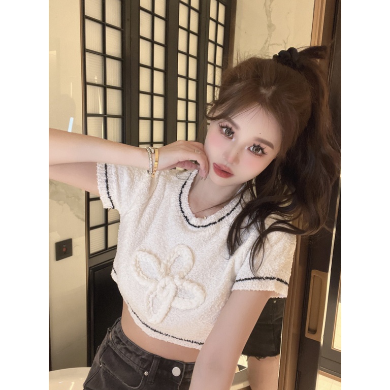 Áo Croptop Dệt Kim Tay Ngắn Cổ Tròn Dáng Ôm In Họa Tiết Thời Trang Mùa Hè Hàn Quốc Quyến Rũ Cho Nữ