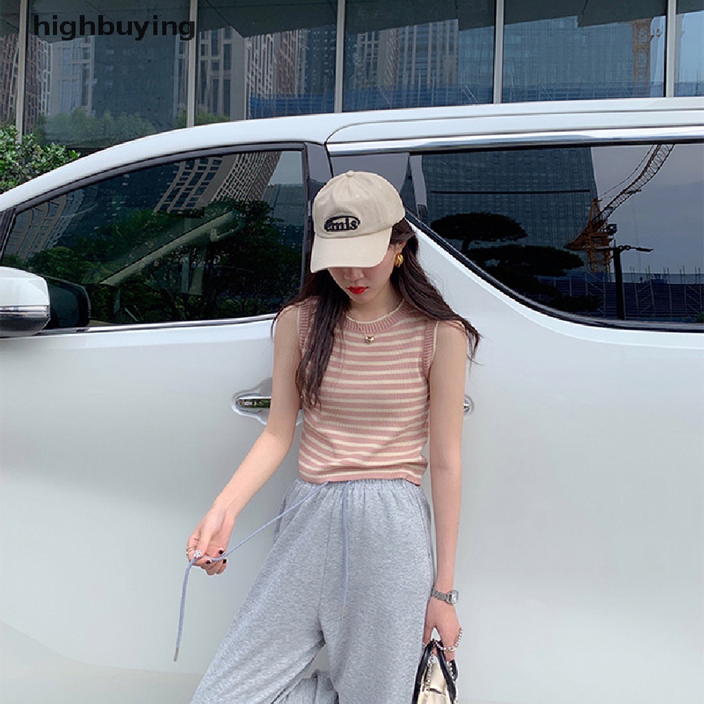 Áo Hai Dây Dệt Kim Cổ Tròn Họa Tiết Kẻ Sọc Phong Cách Retro Cho Nữ