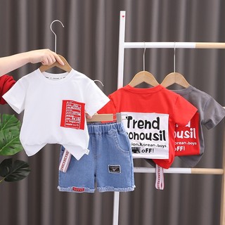 Set Đồ Mùa Hè 2 Món Gồm Áo Thun Tay Cộc In Chữ In Họa Tiết + Quần Ngắn Denim Cho Bé Trai 0-6 Tuổi