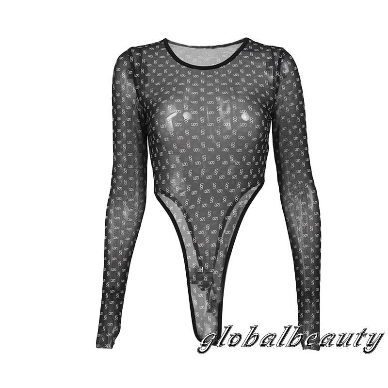 Áo Liền Quần Dài Tay Cổ Tròn Họa Tiết In Nhìn Xuyên Thấu Phong Cách Đường Phố