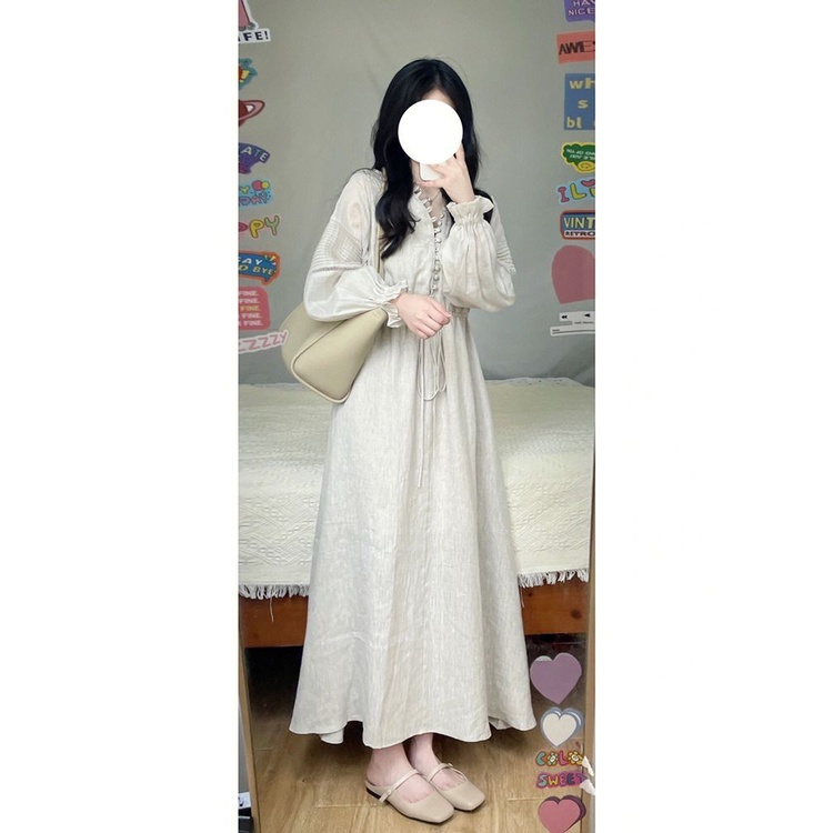 Đầm Dài Vải Lanh Cotton Tay Phồng Cổ Chữ v Phong Cách Retro Pháp