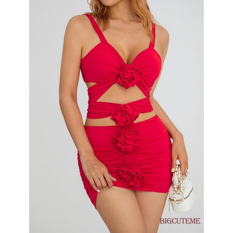 [] - Set Áo 2 Dây + Chân Váy Mini + Áo Thun Ôm Dáng Không Tay In Họa Tiết Hoa 3D Thời Trang Mùa Hè Cho Nữ