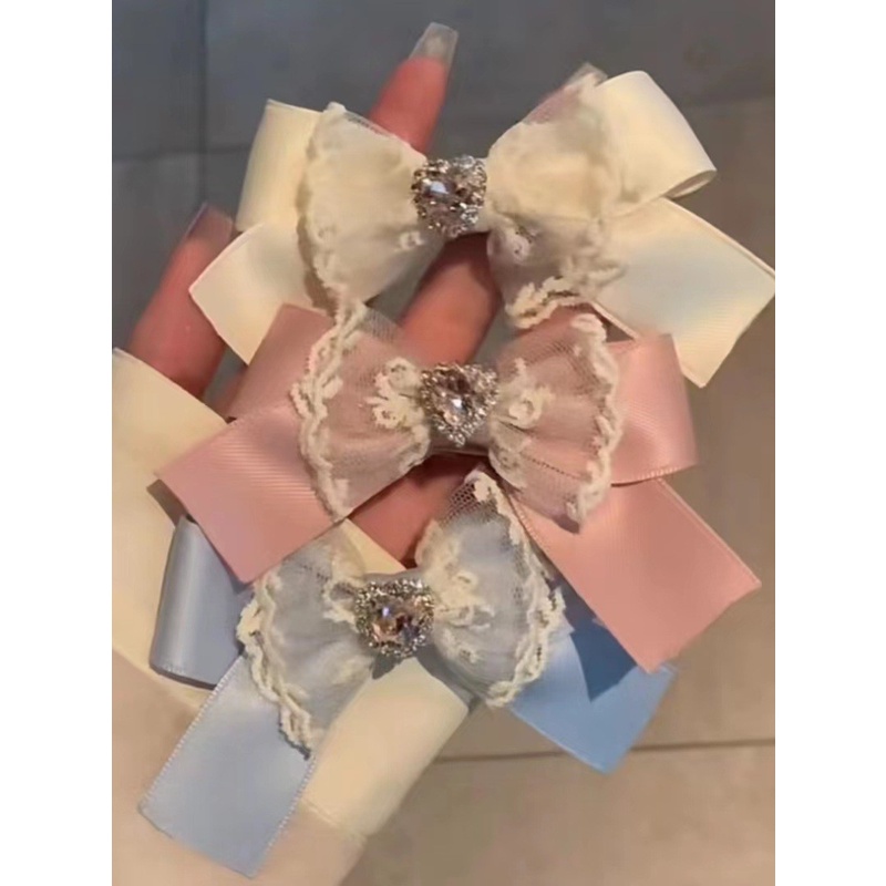 Kẹp Tóc Nơ Satin Màu Kem Đính Đá Thời Trang