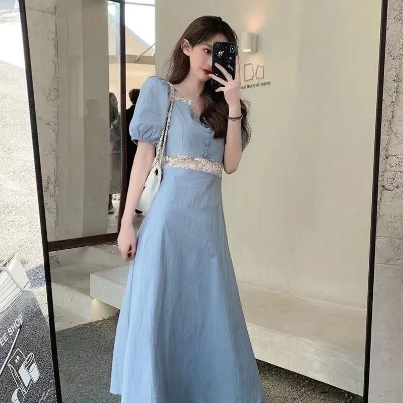 Đầm Dáng Dài Tay Phồng Ôm Eo Phối Ren Kiểu Retro Thời Trang Mùa Hè Cho Nữ