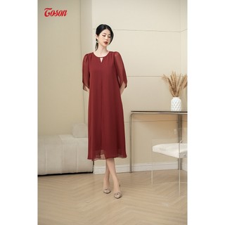 Đầm đỏ đô voan hàn quốc, dáng suông dài, cổ tròn sẻ V Toson 40058D33