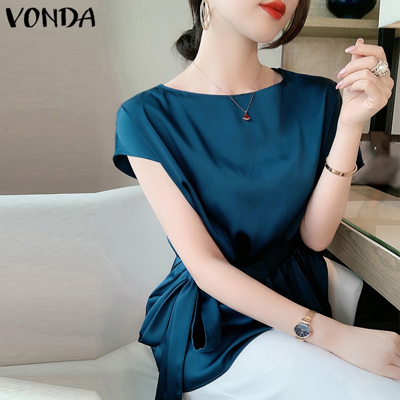Áo kiểu VONDA tay ngắn cổ tròn thanh lịch phong cách Hàn Quốc dành cho nữ