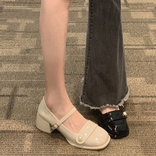 Giày da gót vuông đính ngọc trai vintage cho nữ