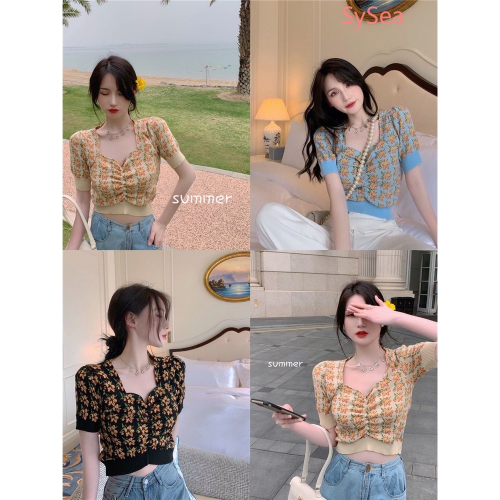 Áo Croptop Dệt Kim Tay Phồng In Hoa Kiểu Hàn Quốc Thời Trang Mùa Hè Cho Nữ