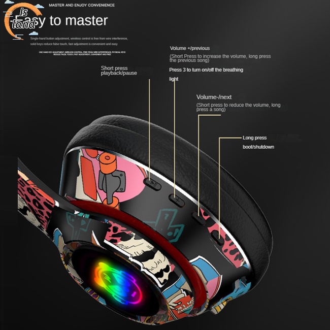 [IS] Tai Nghe Chụp Tai Thể Thao Không Dây Bluetooth Có Thể Gập Lại Giảm Tiếng Ồn Họa Tiết Graffiti