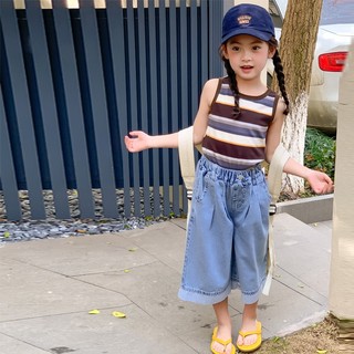 Set áo thun kẻ sọc + quần denim ống rộng thời trang cho bé gái