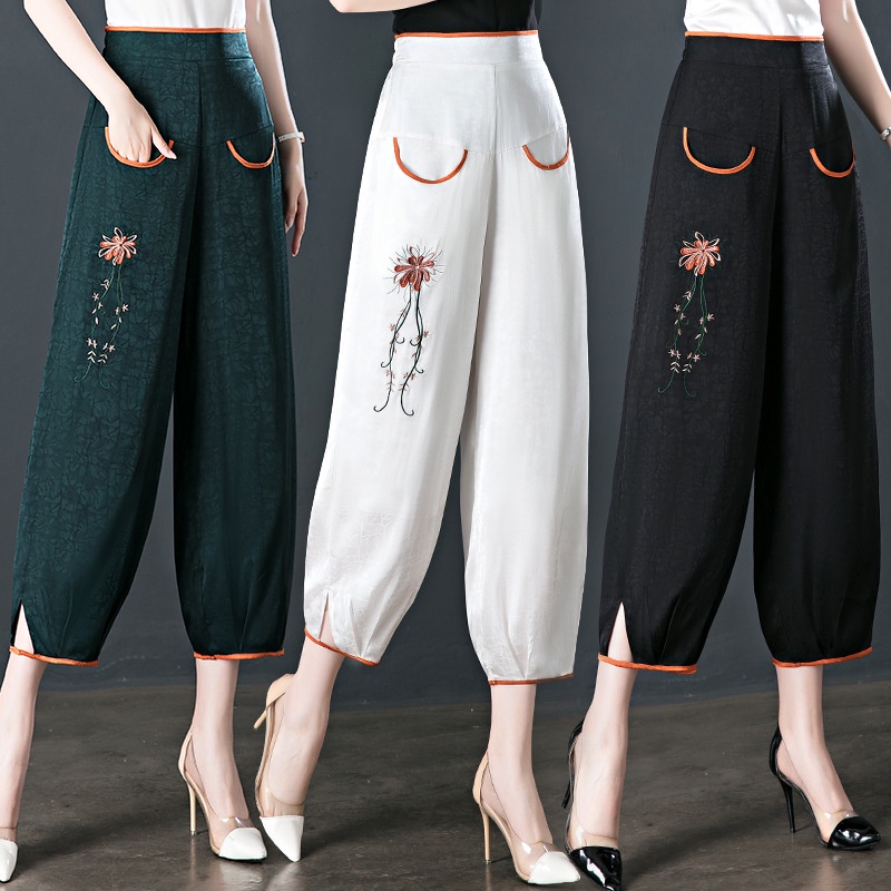 Quần Dài Dáng Rộng Mỏng Màu Trơn Thêu Họa Tiết Thời Trang Mùa Hè Cho Nữ