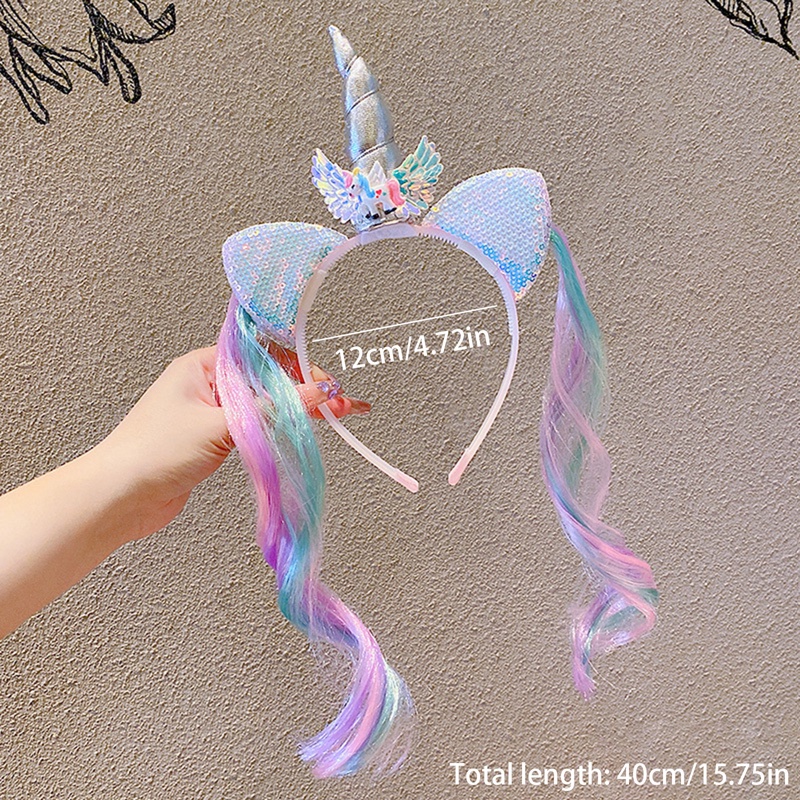 Băng Đô Cài Tóc Đính Tóc Giả Hình Kỳ Lân Màu Cầu Vồng Dễ Thương Cho Bé Gái
