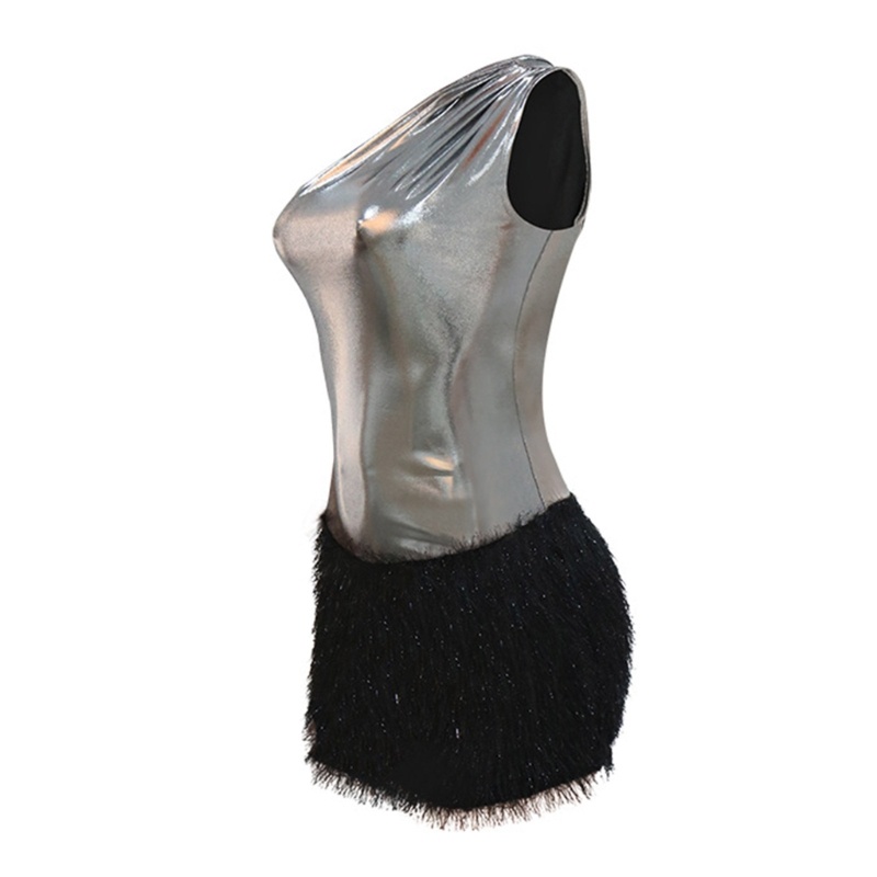 Đầm Da PU Không Tay Ôm Dáng Phối Lông Tua Rua Thời Trang Cho Nữ