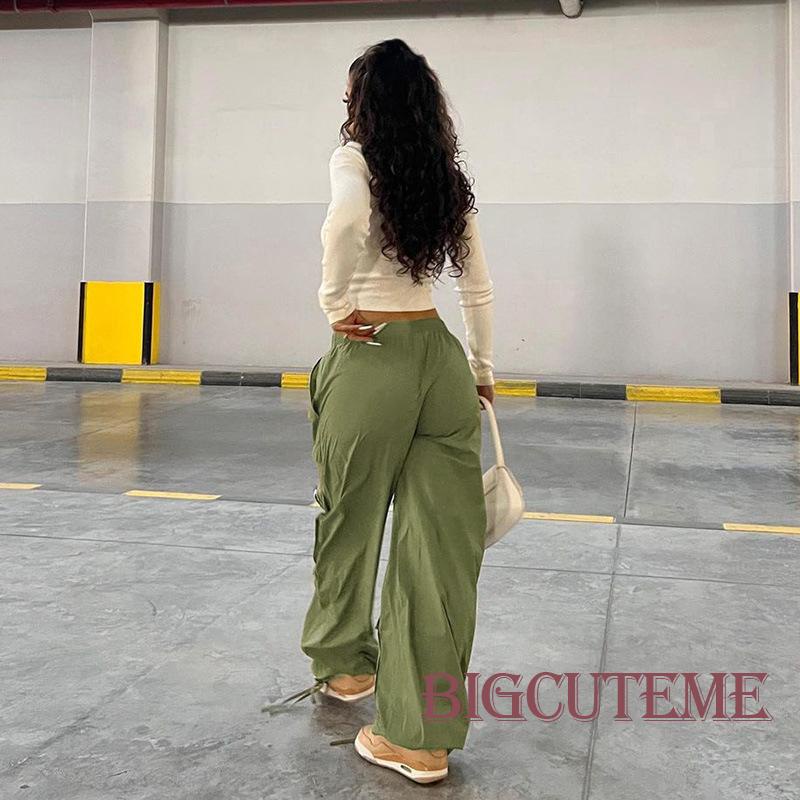 [] - Quần Ống Rộng Dây Rút Nhiều Túi Màu Trơn Giản Dị Dành Cho Nữ Màu Xanh Lá / Nâu