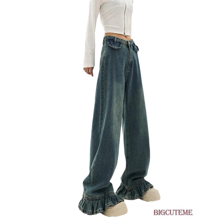 Quần Jean Dài Dáng Rộng Viền Bèo Nhún Màu Trơn Thời Trang Xuân Thu Cho Nữ
