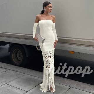 Đầm ôm dệt kim hở vai tay dài viền tua rua thời trang dành cho nữ