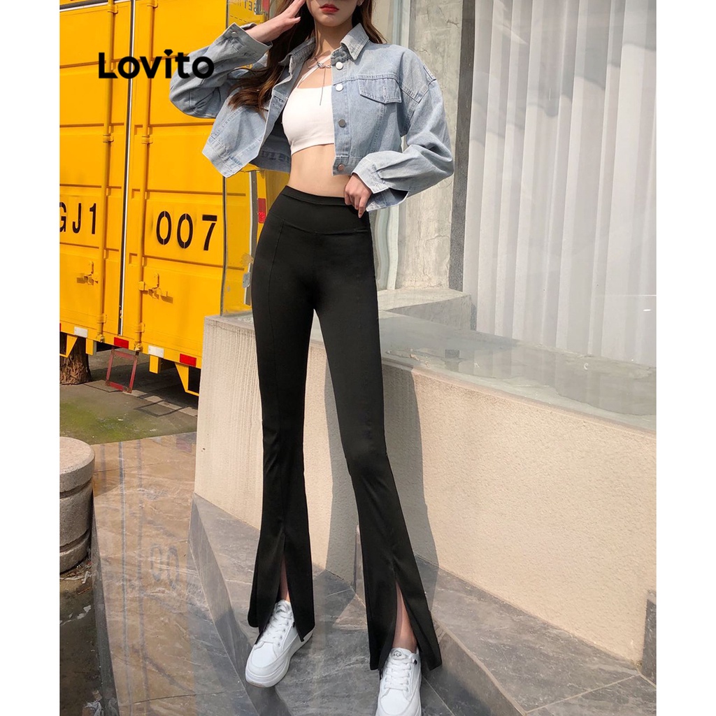 Quần ống loe Lovito màu trơn xẻ tà phía trước có túi vải nhanh khô phong cách thể thao L18X540 (Màu đen)