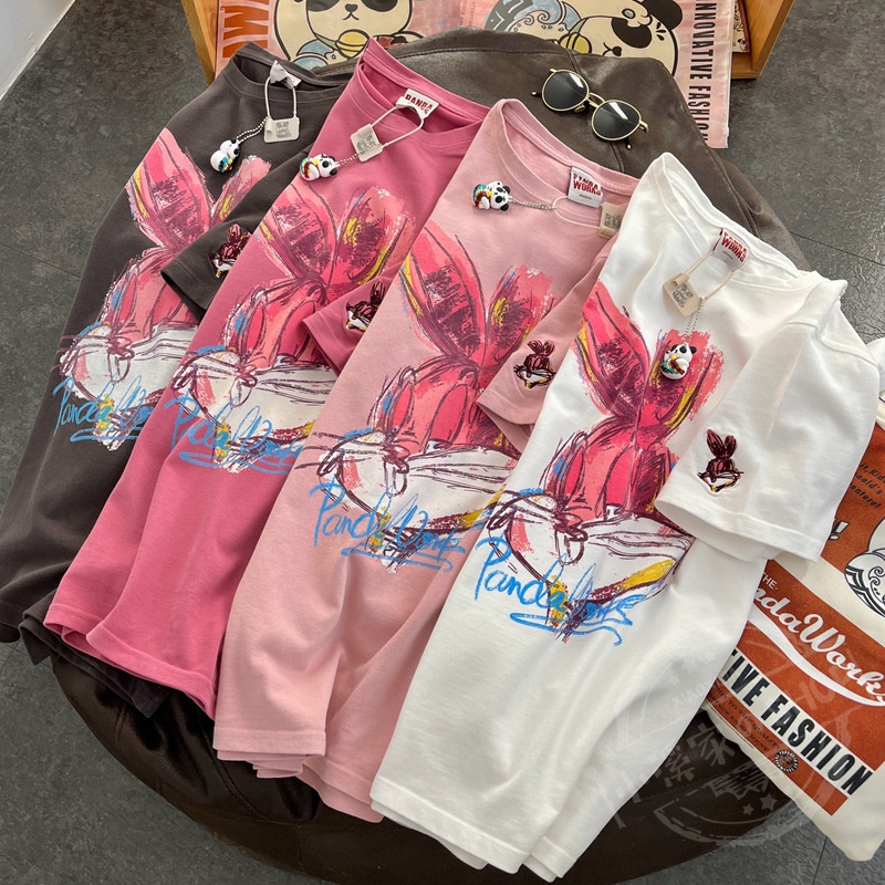 Áo Thun Cotton Tay Ngắn Cổ Tròn In Hình Thỏ Hoạt Hình Dành Cho Nữ