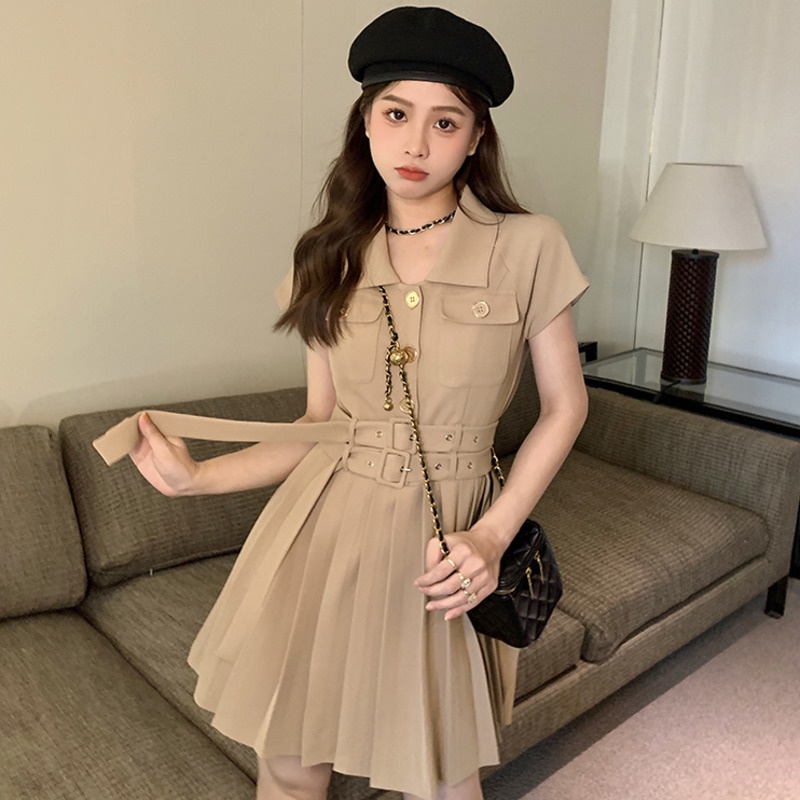 Đầm Ngắn Tay Xếp Ly Phối Thắt Lưng Thời Trang Dành Cho Nữ