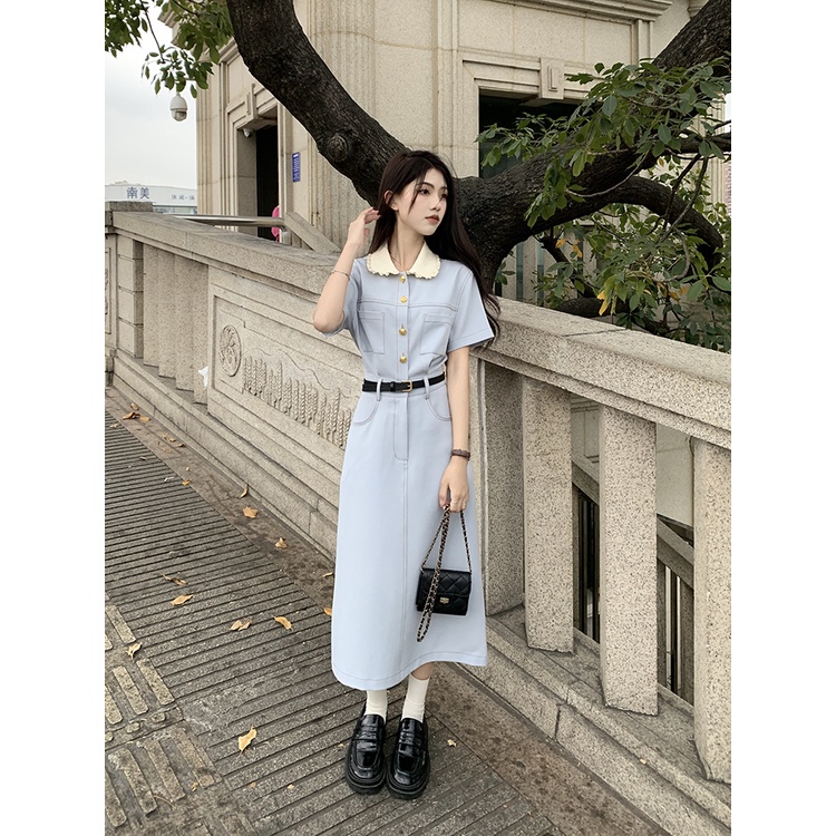 Đầm Dài Dáng Chữ A Tay Ngắn Cổ Búp Bê Màu Trơn Dễ Phối Đồ Thời Trang Cho Nữ