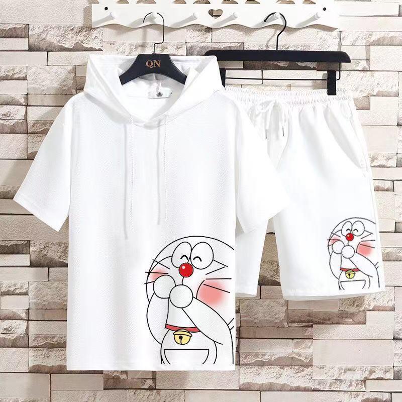 Bộ Áo Hoodie Tay Lỡ + Quần Lửng In Hình Doraemon Thời Trang Cho Nam Và Nữ 12 Tuổi