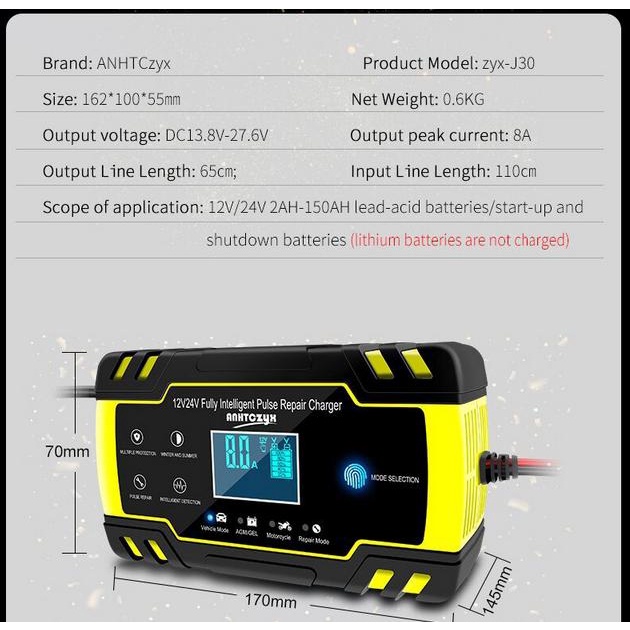 Sạc bình ắc quy 12V-24V/8A Có khử Sunfat, sac binh ac quy 24v, sac xe dap dien