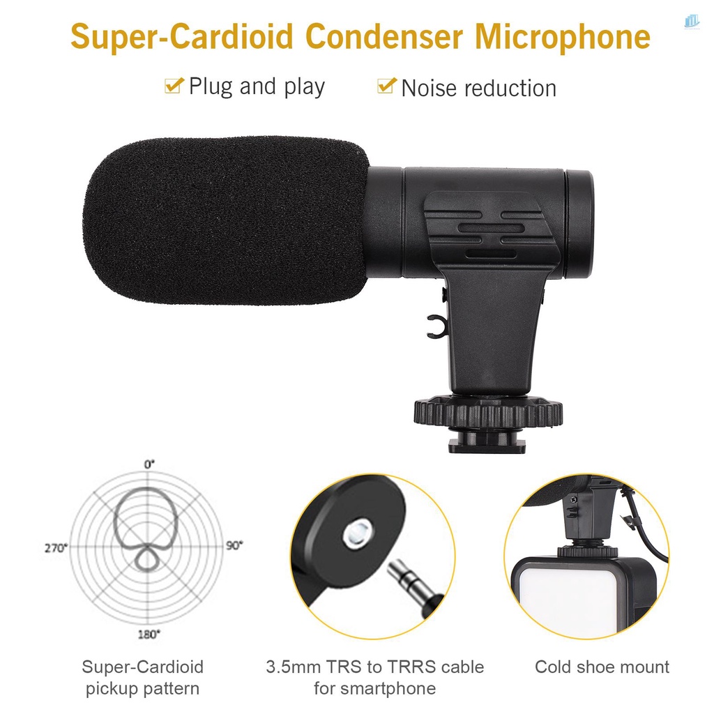 Bộ Đèn LED Mini + Micro Cardioid + Kẹp Điện Thoại Có Thể Điều Chỉnh 3 Mức Độ Sáng