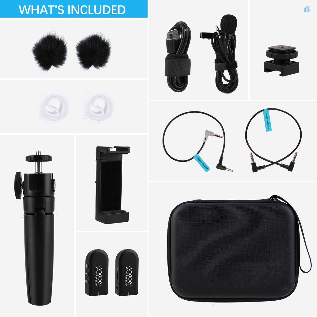 Hệ Thống Micro Không Dây Andoer 2.4G Kèm Bộ Thu Phát + Micro Lavalier Kẹp Để Bàn + Giá Đỡ Điện Thoại 8 Kênh Max.197ft