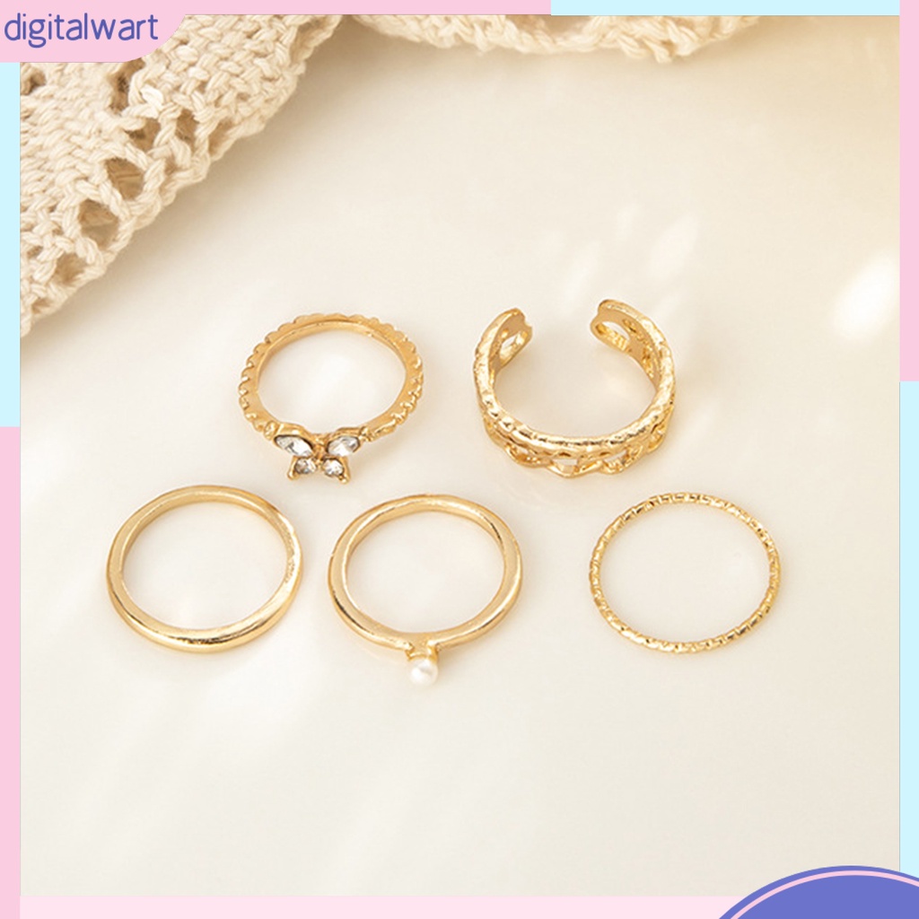 Bộ 5 Nhẫn Đeo Đốt Ngón Tay Hình Bướm Đính Ngọc Trai Giả Phong Cách Vintage Cho Nữ