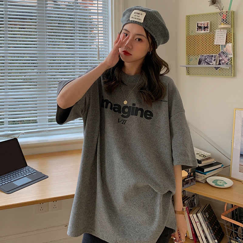 Áo Thun Tay Lửng Dáng Rộng In Chữ Trước Sau Lưng Phong Cách Hàn Quốc